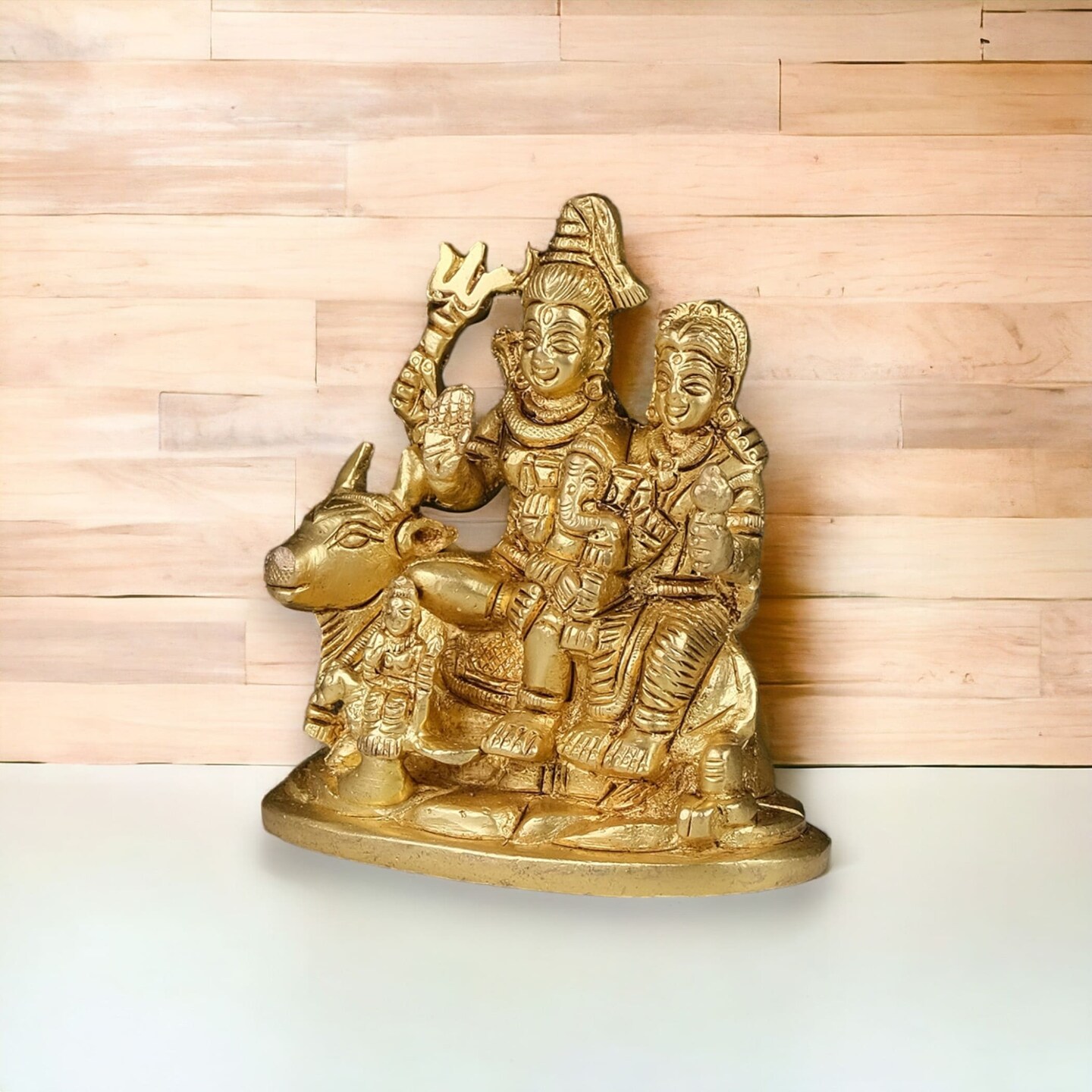 Brass Shiv Parivar Idol Statue Hindu God Shiva Parvati Ganesha Kartikeya Nandi Family Murti Sculpture - Pooja Home Temple Mandir Decor - Decorative Showpiece Housewarming Gift (3.7 Inches)