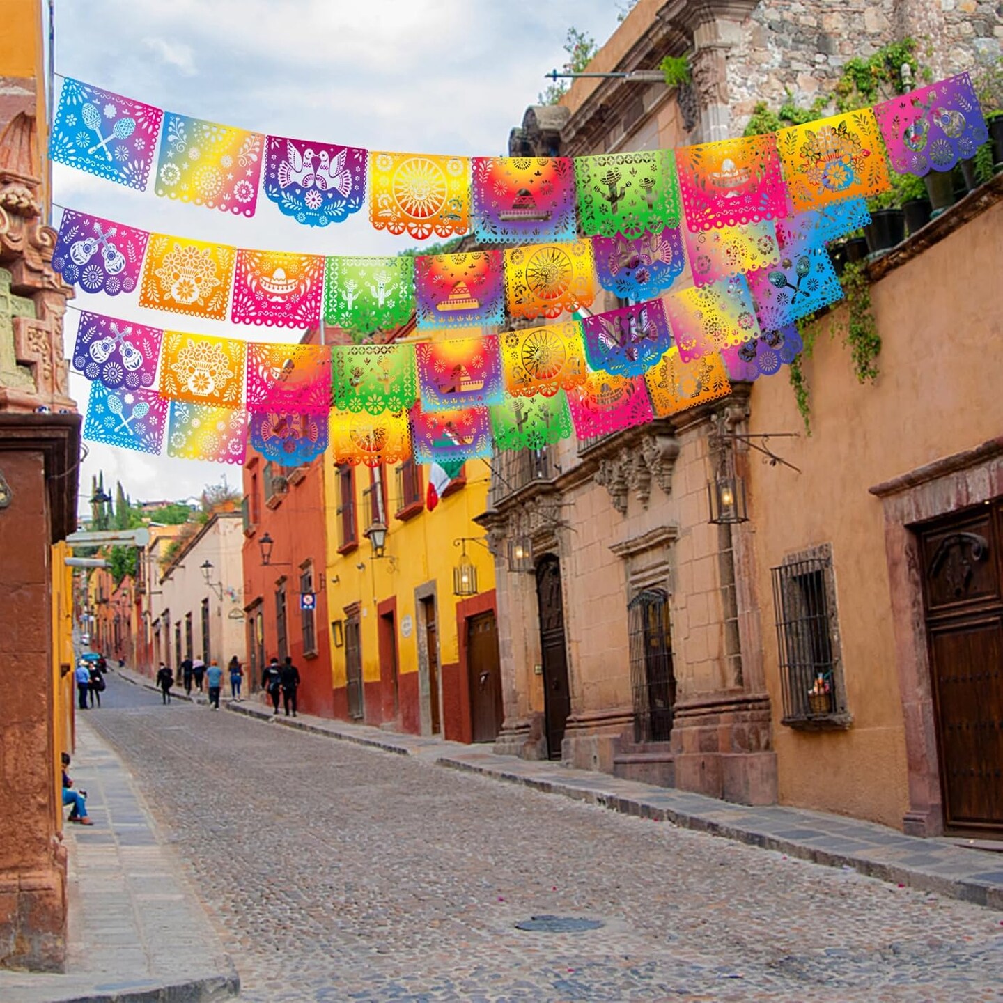 Mexican Party Banners, 18 Feet Plastic Fiesta Papel Picado Cinco de Mayo Dia De Los Muertos Decor Day of the Dead Decorations Mexican Party Supplies