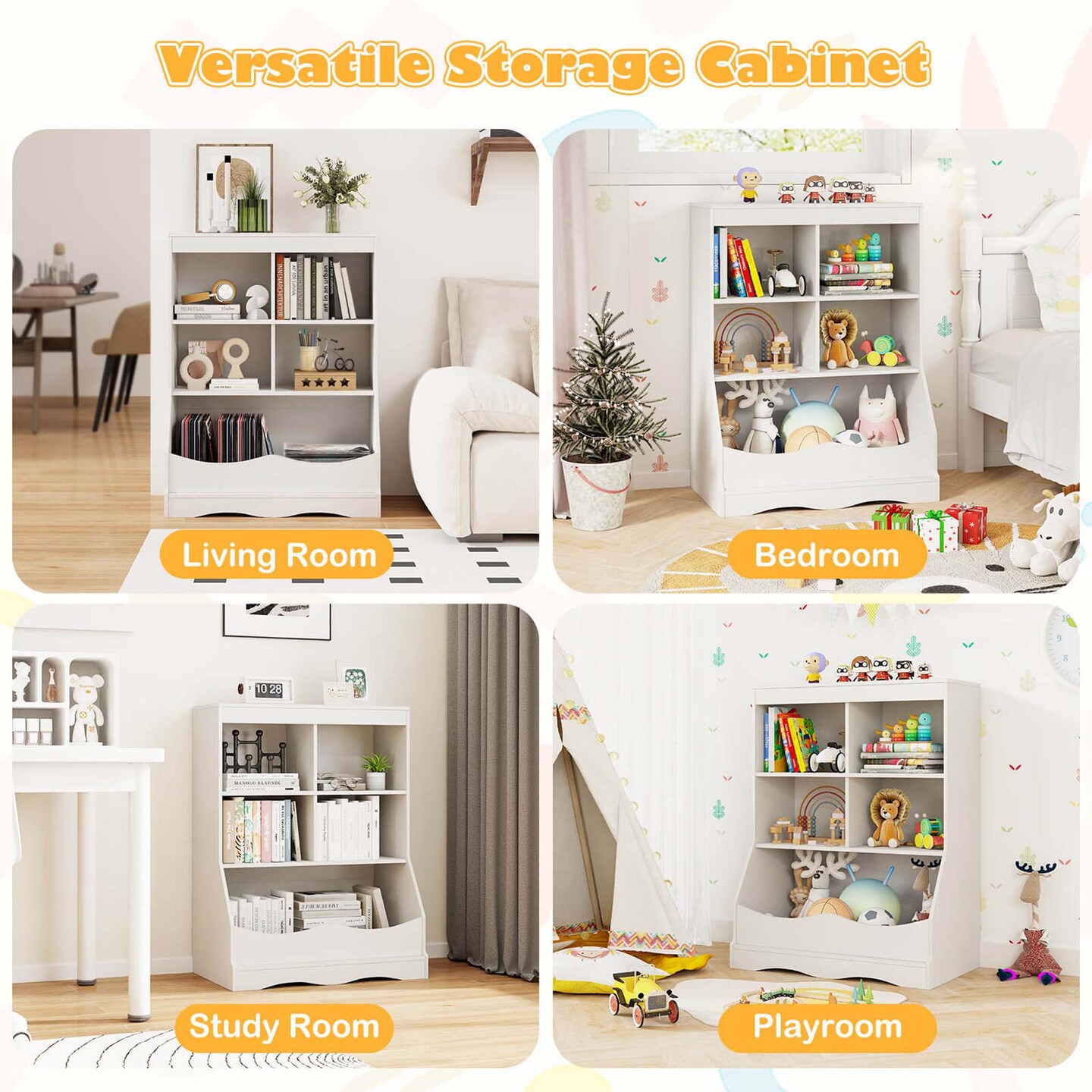 Costway 3-Tier Children&#x27;s Multi-Functional Bookcase Toy Storage Bin Floor Cabinet Gray/White/Natural
