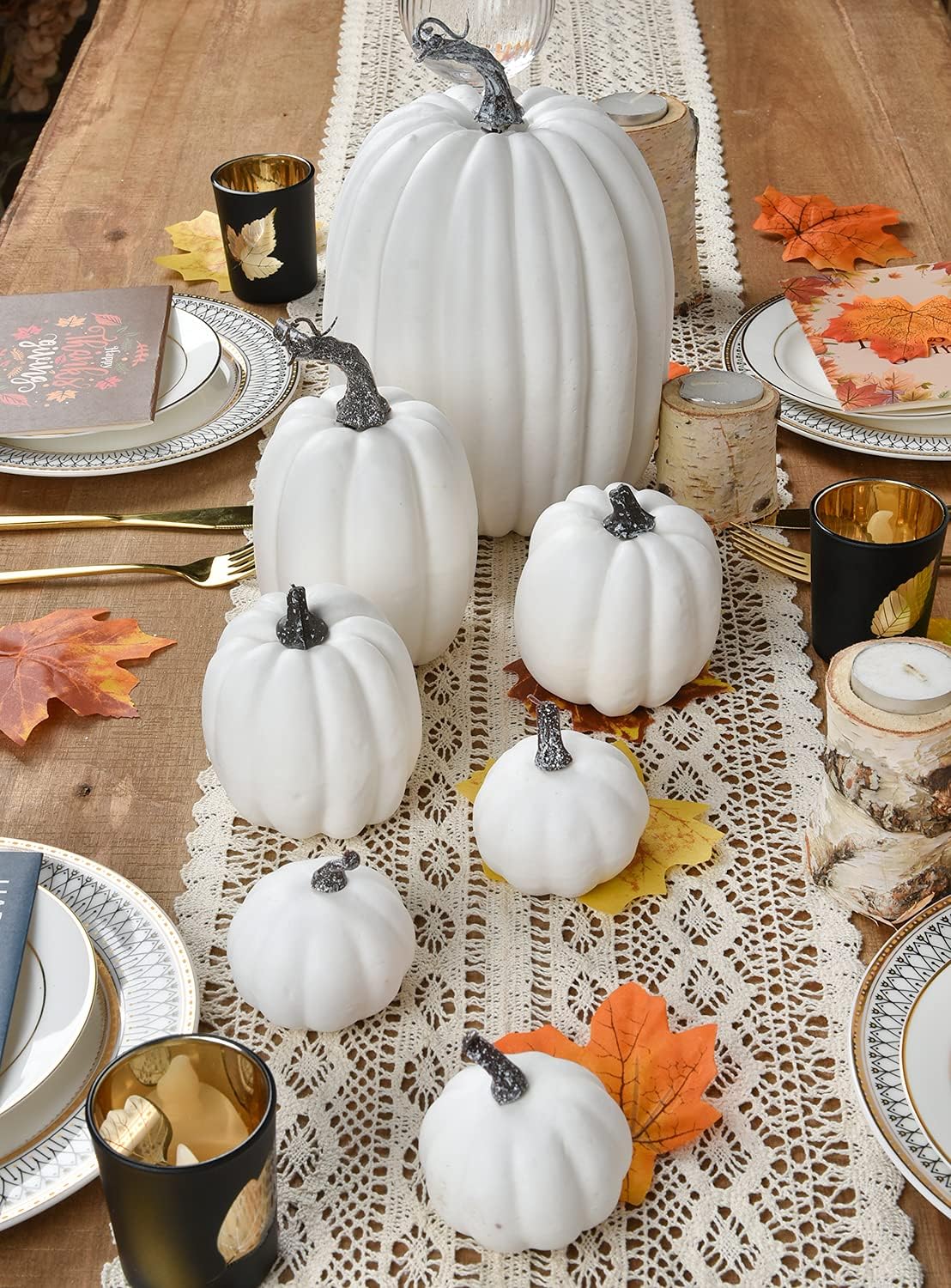 7Pcs Thanksgiving Artificial White Pumpkin Home Decoration Sets, Artificial Vegetables Pumpkin for Fall Halloween Home Decor