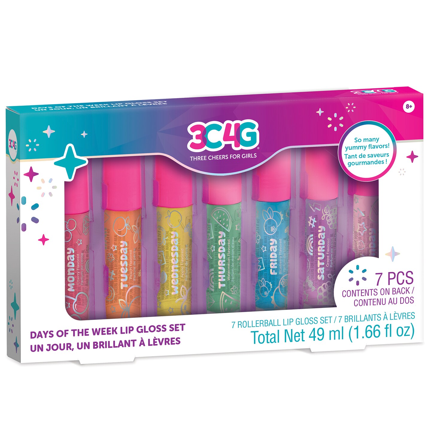 3C4G: Days Of The Week Lip Gloss Set - 7 Piece Rollerball Flavored Set, Make It Real, A Color &#x26; Tasty Flavor For Every Day (Cherry, Peach, Apple, Watermelon, Blueberry, Grape, Strawberry), New Day-New Gloss, Three Cheers For Girls, Kids Ages 8+