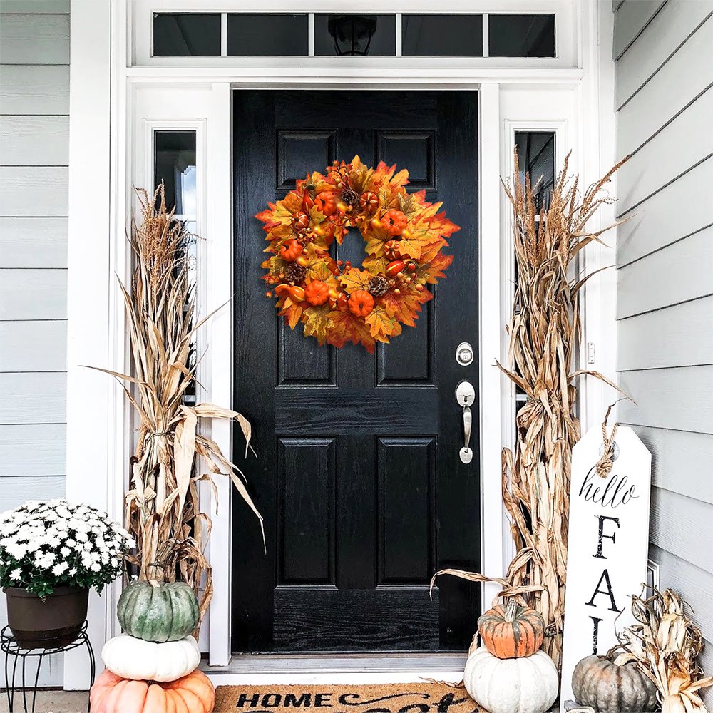 Rustic Harvest Illuminated 24&#x22; Fall Wreath, Lighted with Maple Leafs, Pinecones, Pumpkins and Autumn Berries