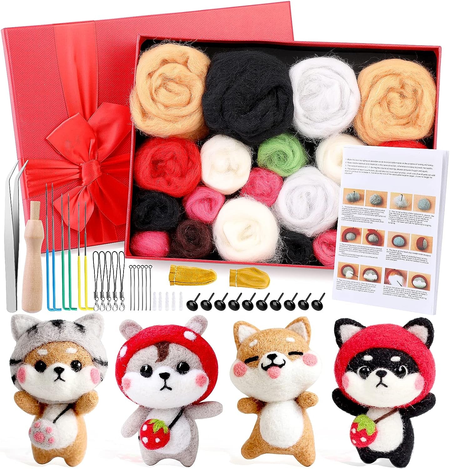 Needle Felting Beginners Kit with Box,Needle Felting Supplies with 24Pcs Felting Needles, Felting Pad,Wool Roving,Diy Needle Felting Cat Dolls