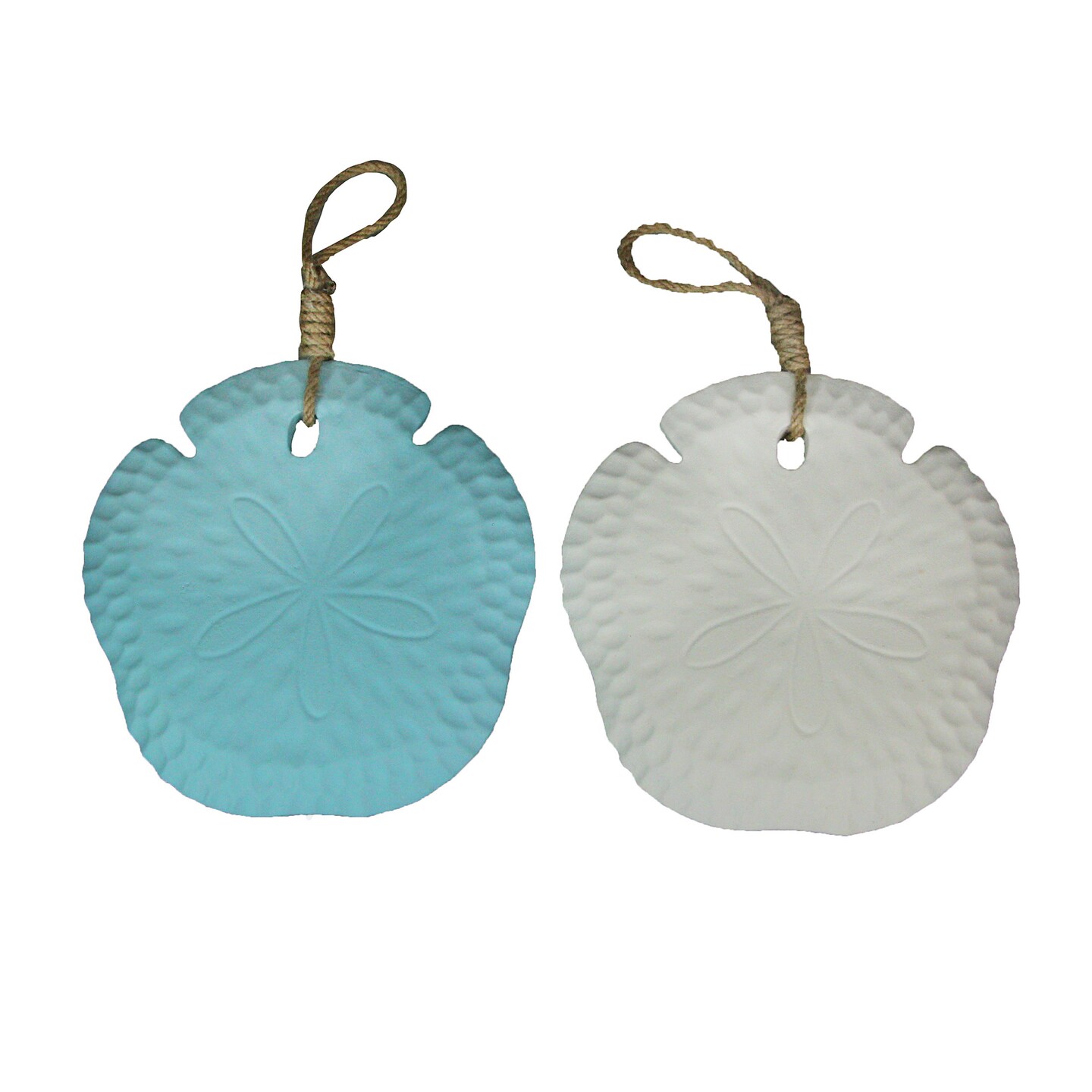 Set of 2 Wooden Sand Dollar Wall Hangings &#x2013; Coastal Blue and White Decorations