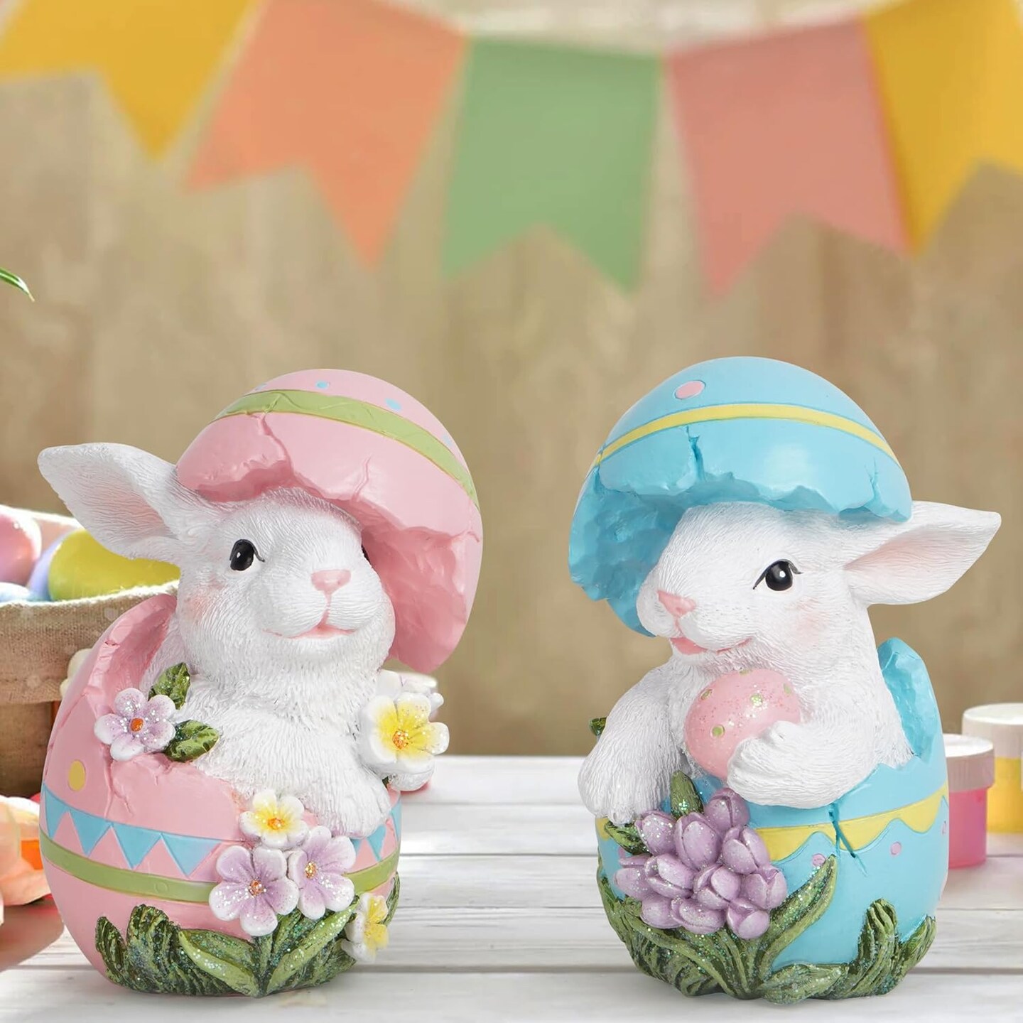 Easter Bunny Decorations Spring Easter Egg/Cup Bunny Indoor Home Decor Farmhouse Country Style Flowers Bunny Figurines (2pcs Easter Egg Rabbit Color 1)