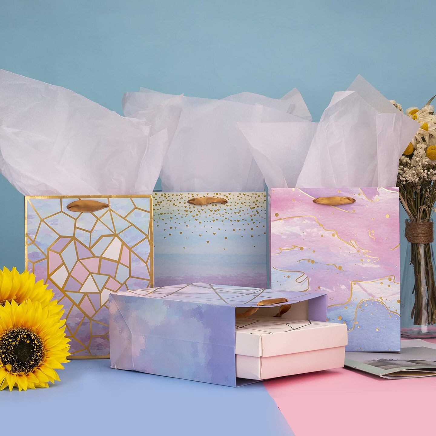 Medium Size Gift Bags-Colorful Marble Pattern Gift Bag with Tissue Paper for Shopping, Parties, Wedding, Baby Shower, Craft-4 Pack-7" X 4" X 9"