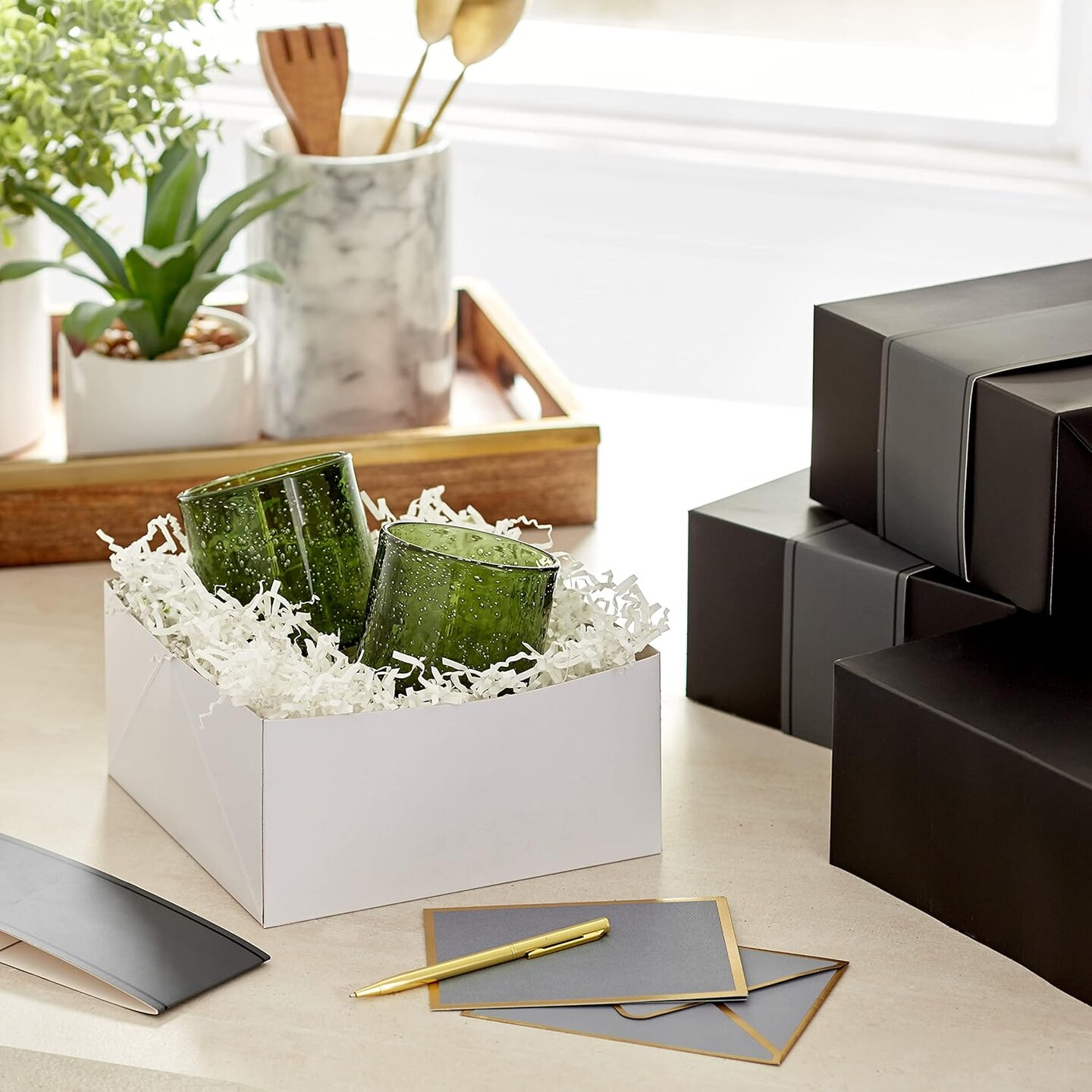 8" Medium Black Gift Boxes with Wrap Bands (3-Pack) – Elegant Boxes for Weddings, Groomsmen, Bridal Parties, Birthdays & Treats (Black)