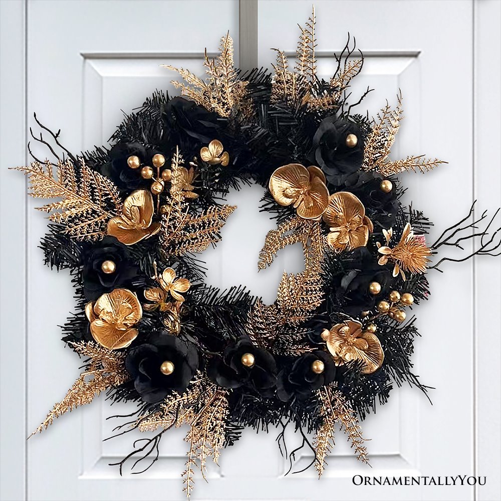Black and Bronze Elegantly Goth 20&#x22; Wreath, Premium Gold Door Decoration with Floral Orchids