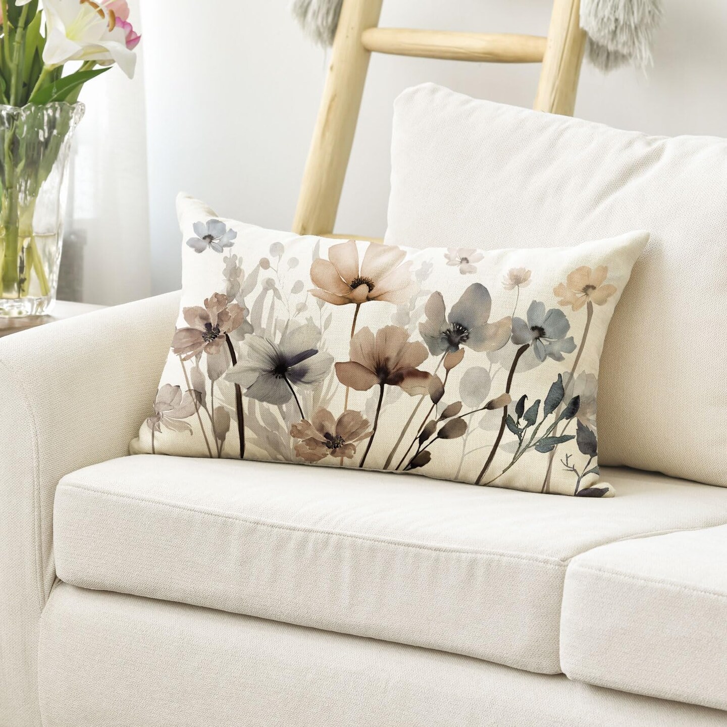 Poppy Flowers Chinoiserie Throw Pillow Cover, 12 x 20 Inch Spring Seasonal Leaves Cushion Case Decoration for Sofa Couch Farmhouse