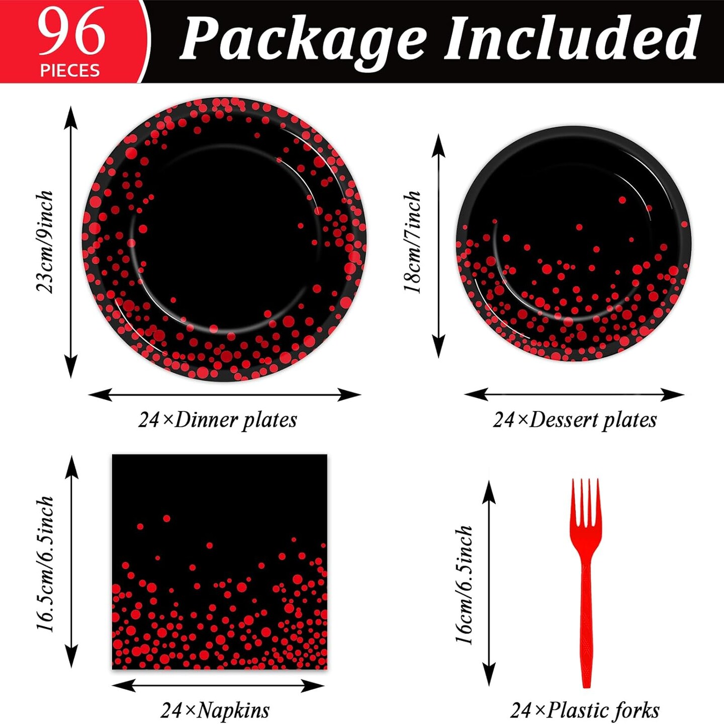 96 Pcs Black and Red Party Plates and Napkins Party Supplies Red Dot on Black Party Birthday Tableware Set Decorations Favors for Birthday Baby Shower Serves 24