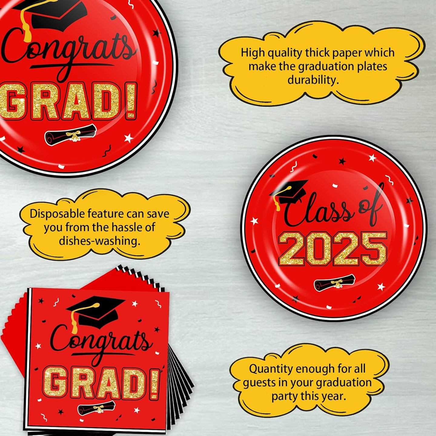 200 Pcs Graduation Table Decorations Party Supplies - Red Black Graduation Plates and Napkins Class of 2025 Disposable Dinnerware Set for College High School Congrats Graduation Party Favors, Serve 50