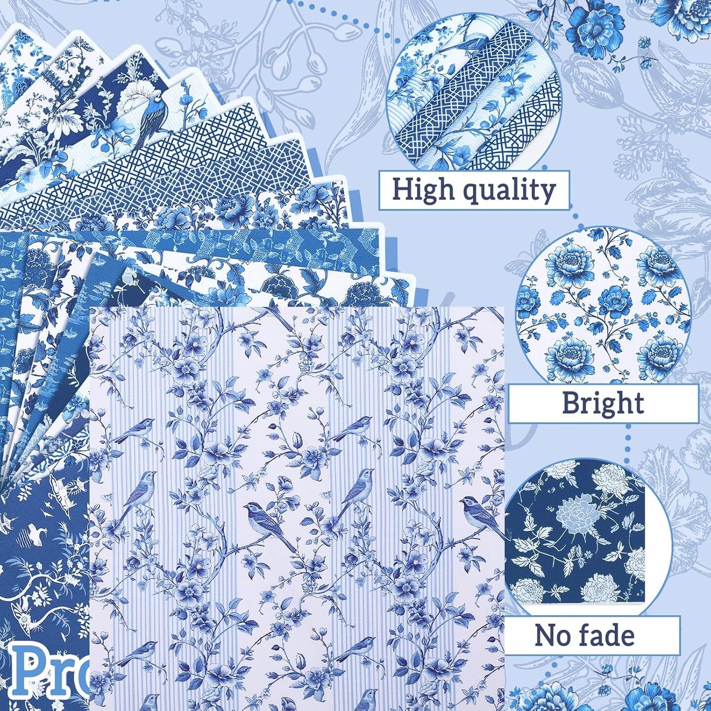 60 Pcs 10 x 10 Inch Blue and White Quilting Precut Fabric Squares