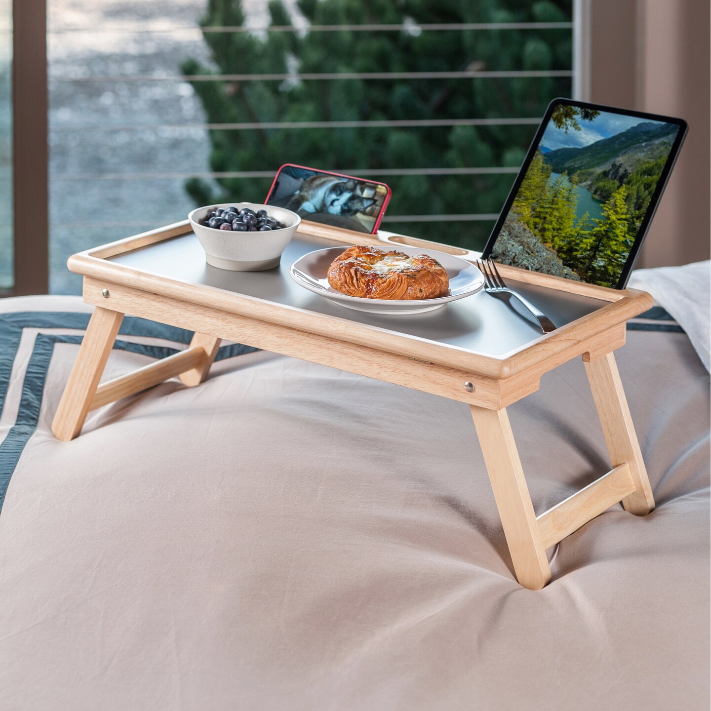 Contemporary Home Living Flip Top Wooden Breakfast Tray - 25.25" - Beige and Gray