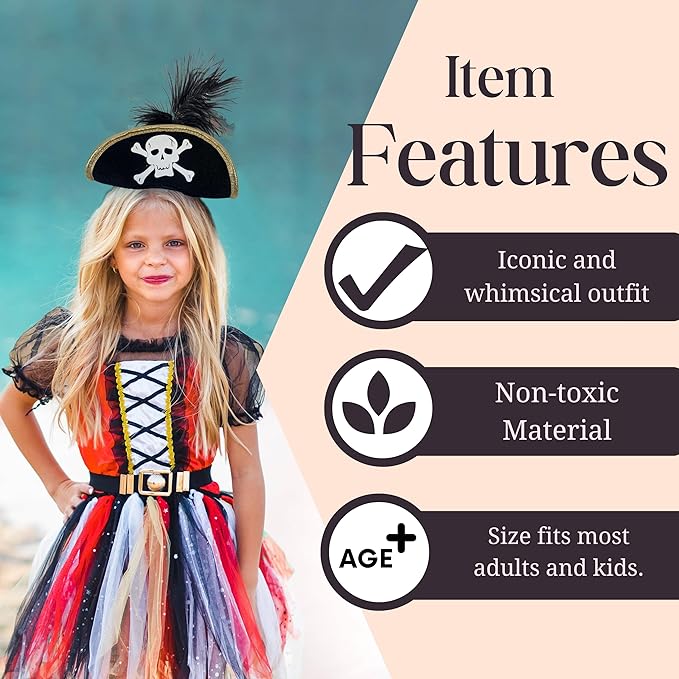 4E&#x27;s Novelty Black Pirate Headband Hat for Women &#x26; Girls &#x2013; Mini Pirate Hat with Skull &#x26; Feather &#x2013; Halloween Pirate Costume Accessories for Adults &#x26; Kids, Caribbean Cosplay, Dress Up Party Headwear
