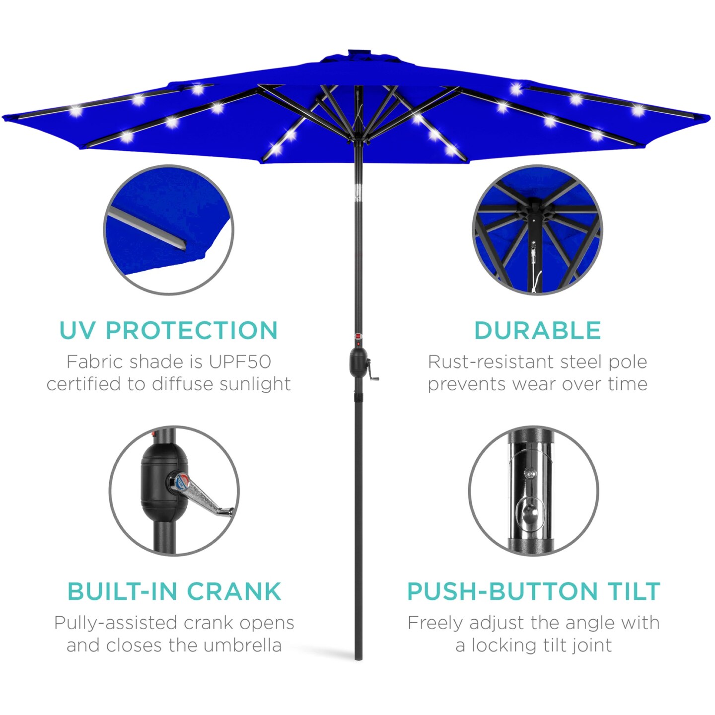 Best Choice Products 10ft Solar LED Lighted Patio Umbrella w/ Tilt Adjustment, UV-Resistant Fabric