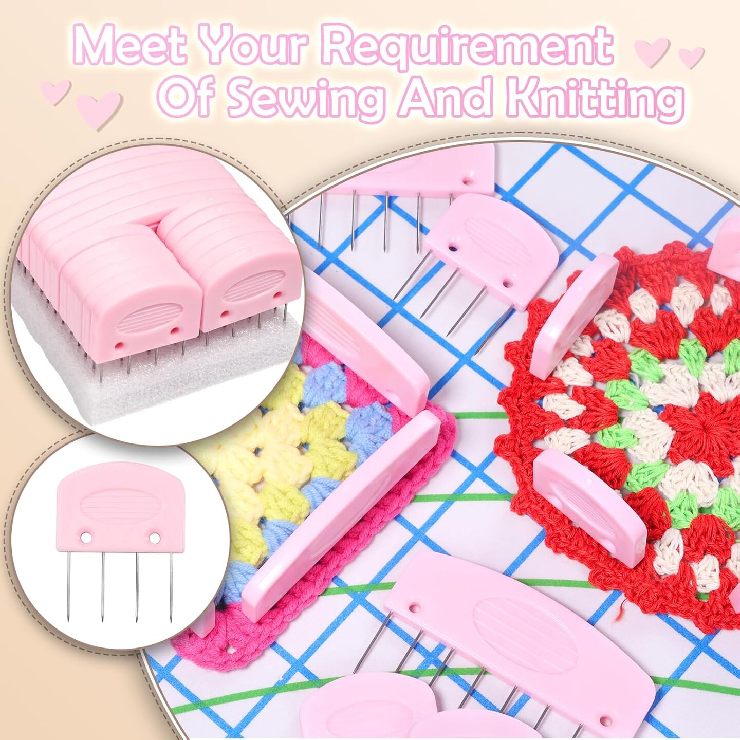 Knit Blocking Pins Kit with 25 Pink Blocking Combs for Knitting, Crochet, Lace, and Needlework Projects, Designed for Use with Blocking Mats