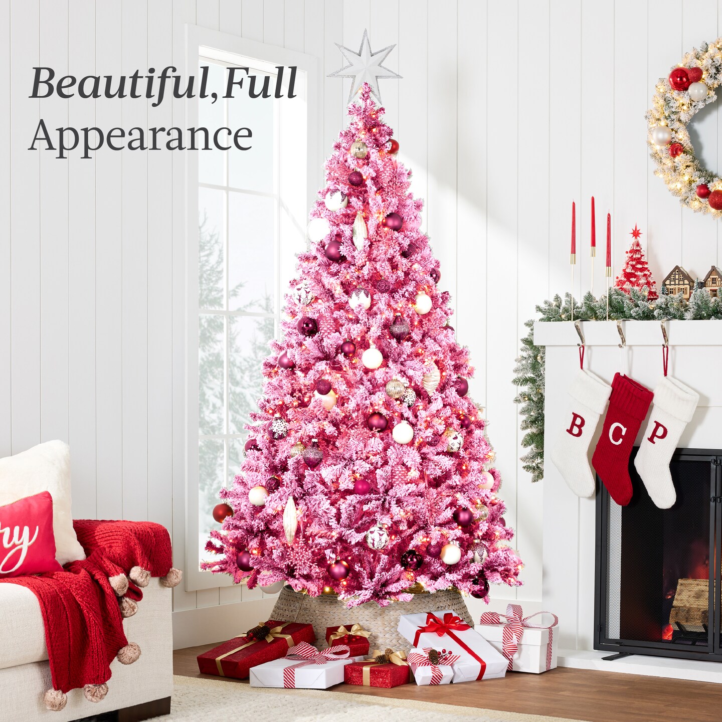 Best Choice Products Prelit Pink Artificial Christmas Tree, Snow Flocked Fir Holiday Decoration
