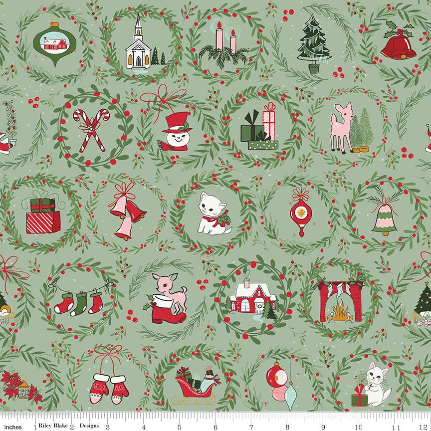 Fabric Riley Blake Sage Wreaths Mistletoe & Holly by the Quarter Yard C16401-SAGE