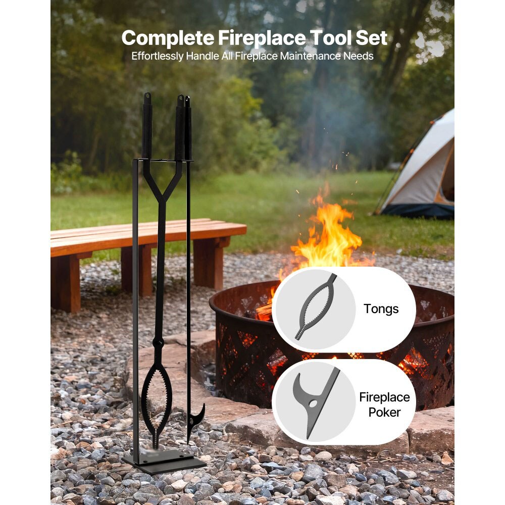 3-Piece Wrought Iron Fireplace Tool Set Poker, Tongs & Tool Stand, Heavy-Duty Carbon Steel Fire Pit Accessories