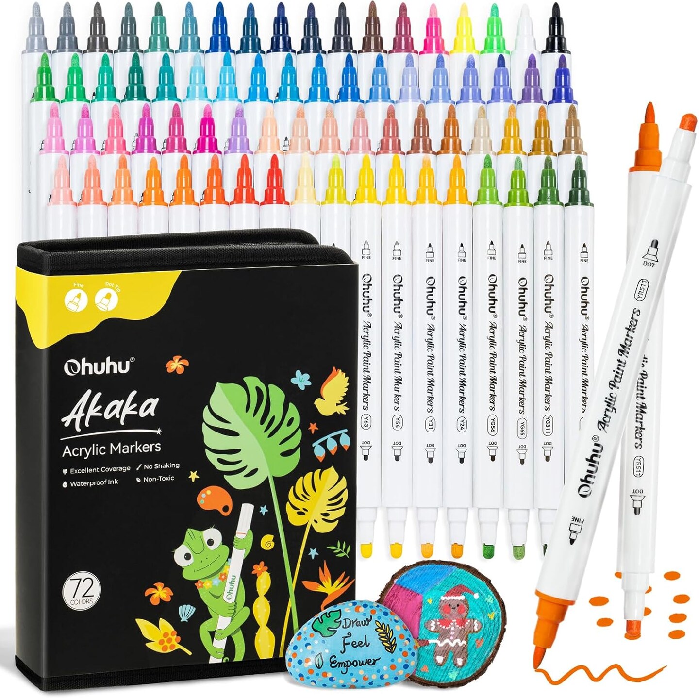 Ohuhu Acrylic Paint Markers Dual Tips: 72 Colors Paint Pens High Opacity Acrylic Markers Waterproof Lightfast for Christmas Gifts Rock Painting 3D Prints Egg Wood Glass Ceramic DIY Crafts - Brush & Dot/ Fine & Dot/ Brush & Fine