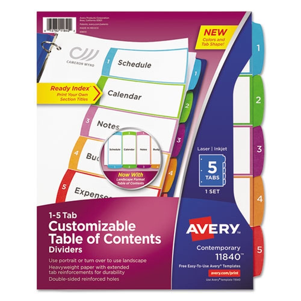 Avery 5-Tab 1 to 5 11 in. x 8-1/2 in. Contemporary Color Tabs Customizable TOC Ready Index Multicolor Tab Dividers - White (1 Set)