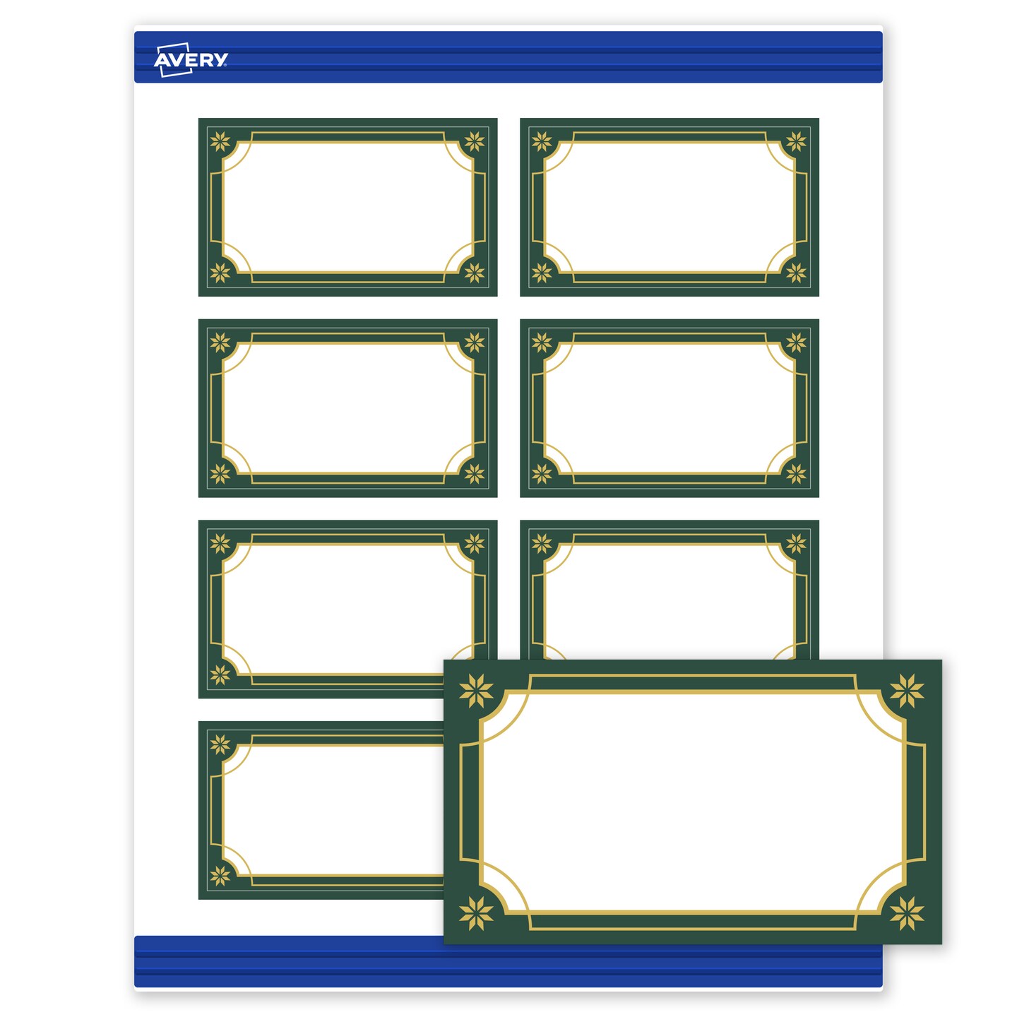 Avery Printable Business Cards with Sure Feed Technology, Rectangle, 2" x 3-1/2", Pre-Printed Green & Metallic Gold Border Design, Matte White, Laser & Inkjet Compatible, 80 Total
