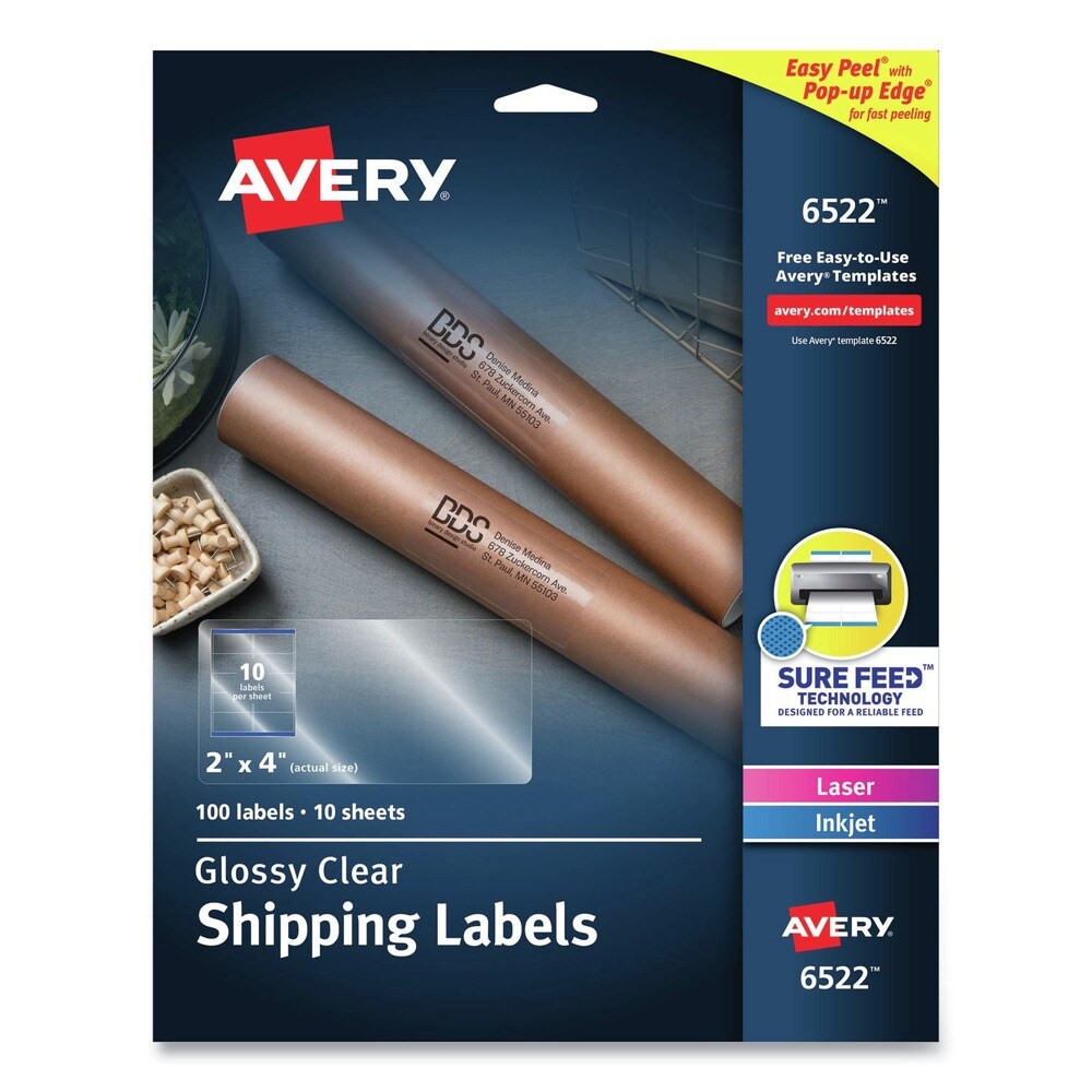 Avery Easy Peel 2 in. x 4 in. Mailing Labels w/ Sure Feed Technology - Glossy Clear (10/Sheet, 10 Sheets/Packt)
