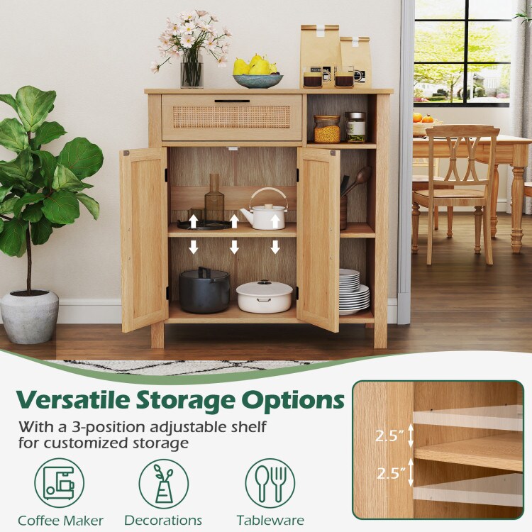 Boho Buffet Sideboard Storage Cabinet with Drawer and Rattan Doors