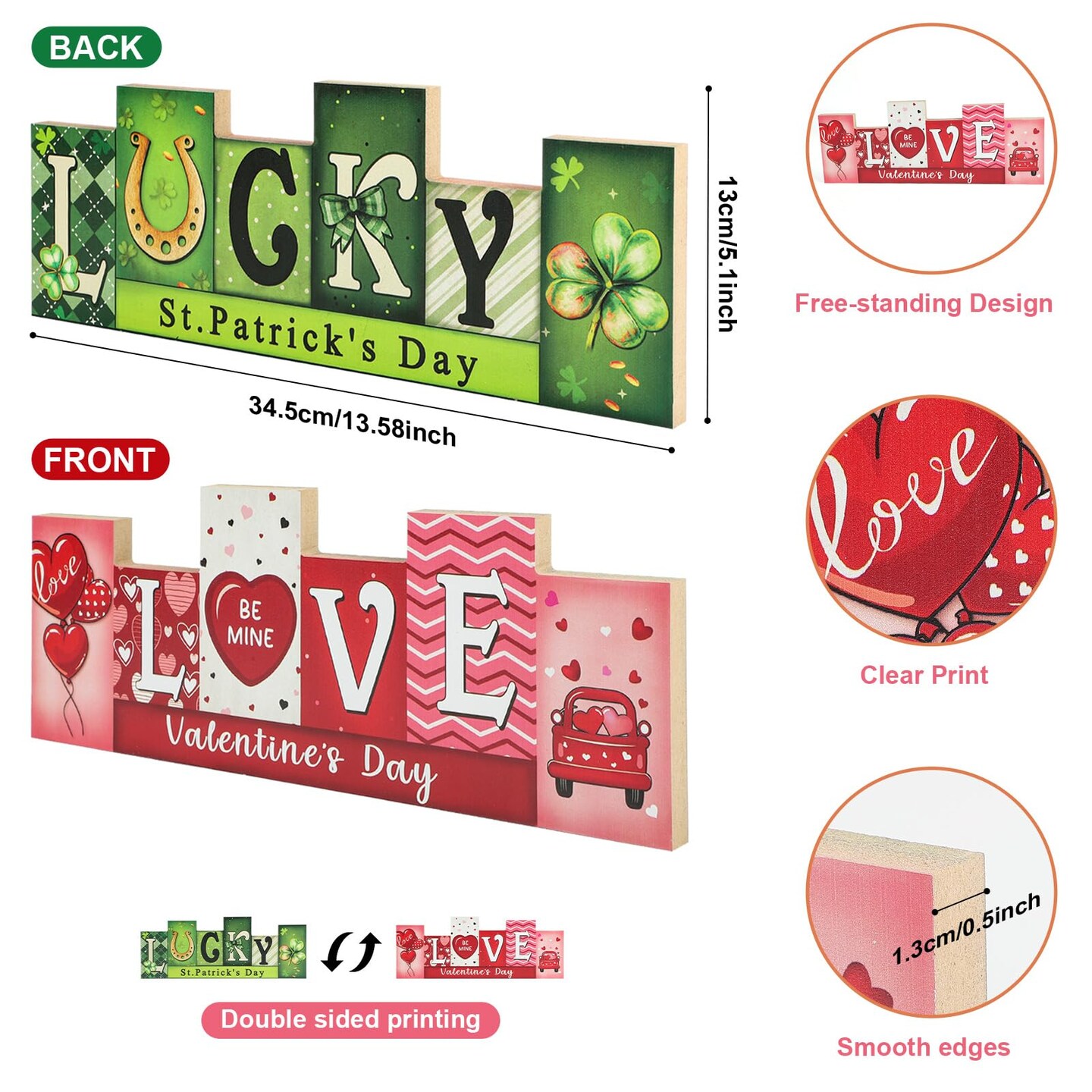 Valentine's Day & St. Patrick's Day Wooden Table Sign - LUCKY LOVE Reversible Tabletop Decor - Rustic Double-Sided Different Theme Irish Farmhouse Table Centerpiece