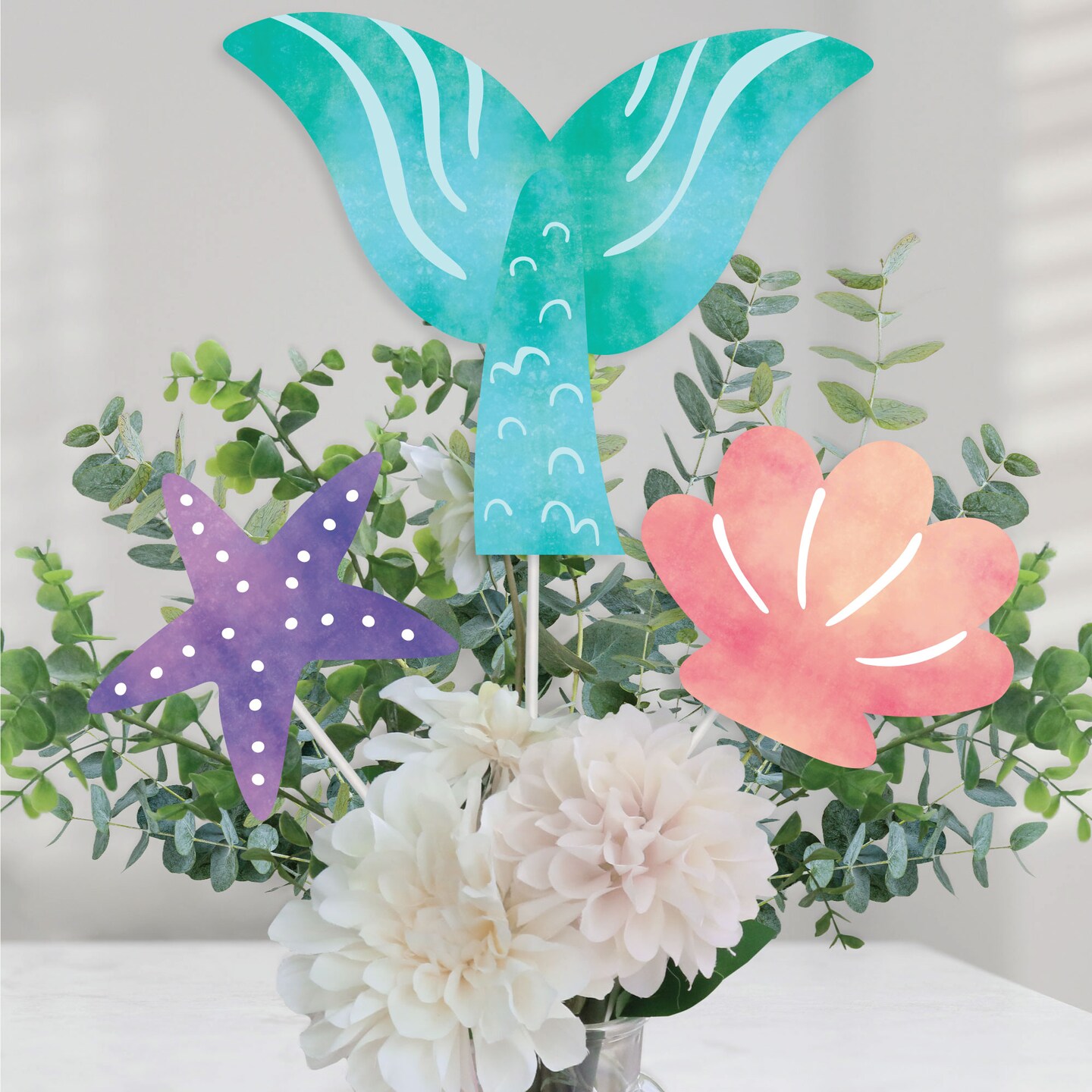 Big Dot of Happiness Mermaid Party Centerpiece Sticks, Starfish, Seashell, Mermaid Tail Birthday Supplies, Under the Sea Table Toppers - Set of 15