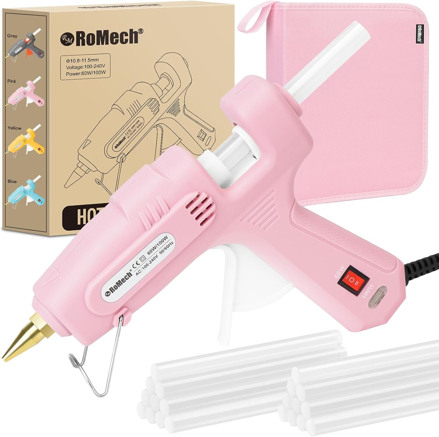 Full Size Hot Glue Gun with 60/100W Dual Power and 21 Hot Glue Sticks (7/16"), Fast Preheating Heavy Duty Industrial Gluegun with Storage Case for Crafting, DIY and Repairs (Pink)