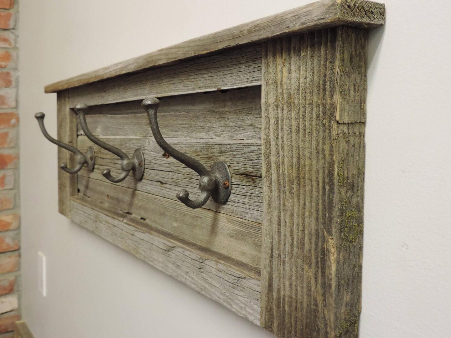 Rustic Barn Wood Entryway Coat Hooks, Wall Mounted Decorative Hat Rack with Storage Shelf, Country Decor Hanger, Wooden Jacket Holder. 448844695404232708