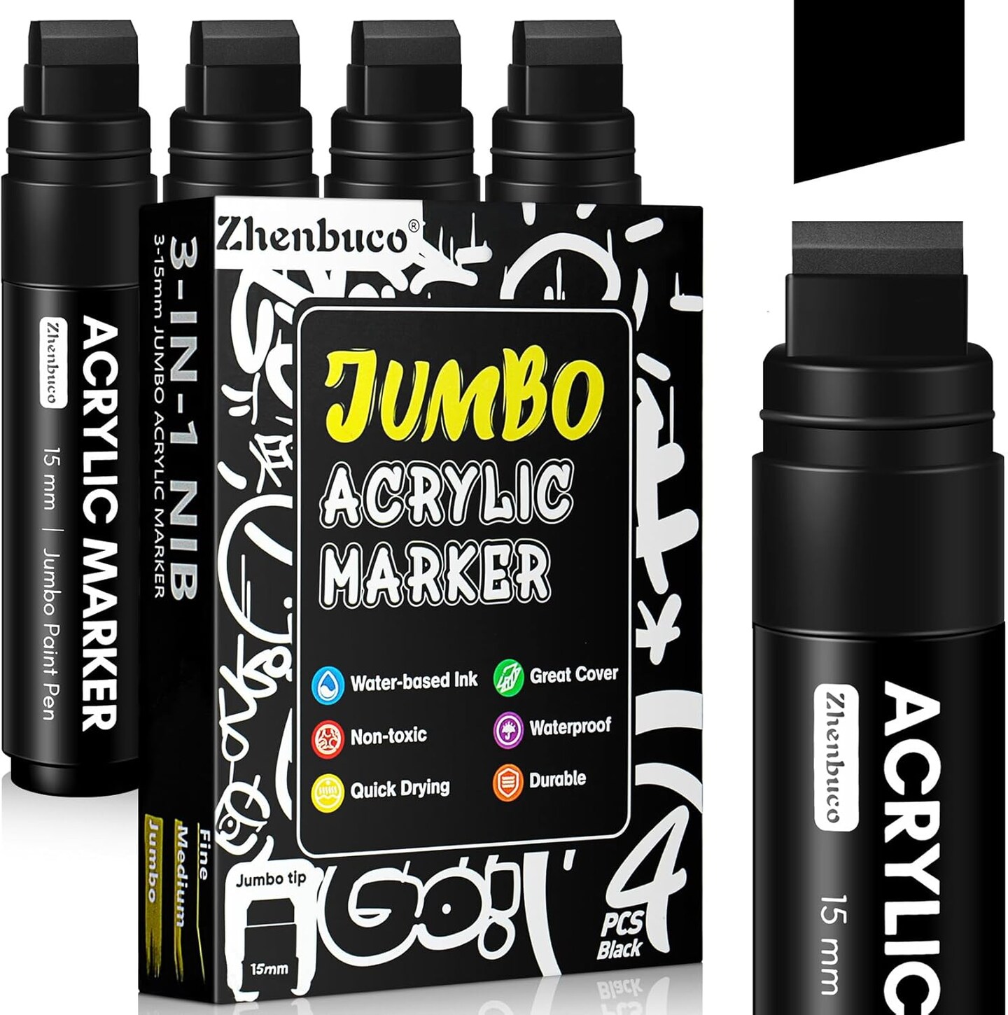 4 PCS Black Jumbo Permanent Markers - 15mm Wide Tip Thick Acrylic Paint Pen, Large Acrylic Paint Markers for Rock Painting, Calligraphy, Poster, Canvas, Sign, Glass, Wood, Metal, Ceramic