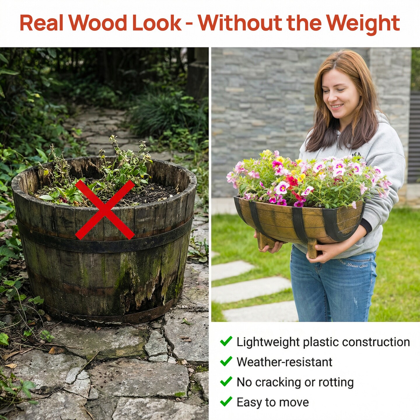 Rustic Wood- Look Plastic Half Barrel Flower Pot Garden Planter, Pack of 2
