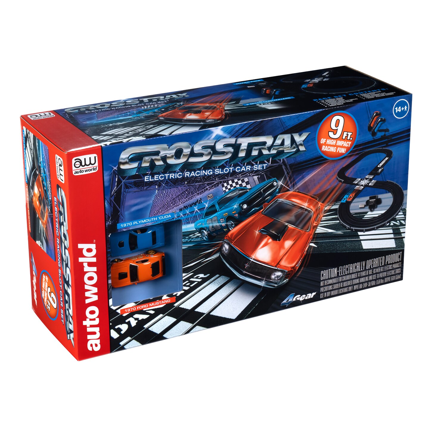 Auto World: CrossTrax Road Course - 9&#x27; Slot Car Race Set, 2 Variable Speed Slot Cars, 1970 Plymouth Cuda &#x26; 1970 Ford Mustang, Electric Racing Set
