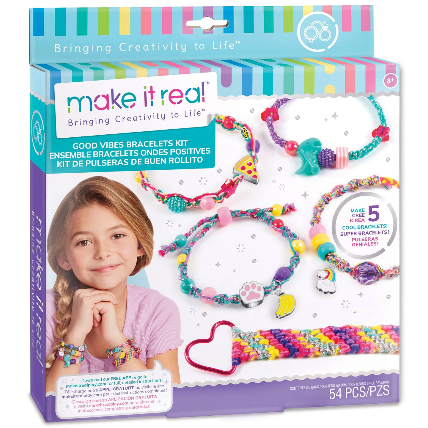Make It Real: Good Vibes Bracelet Kit - Create 5 Unique Cord Charm Bracelets, 54 Pieces, Includes Play Tray, All-In-One, DIY Charm &#x26; Bead Jewelry Kit, Tweens &#x26; Girls, Arts &#x26; Crafts, Kids Ages 8+