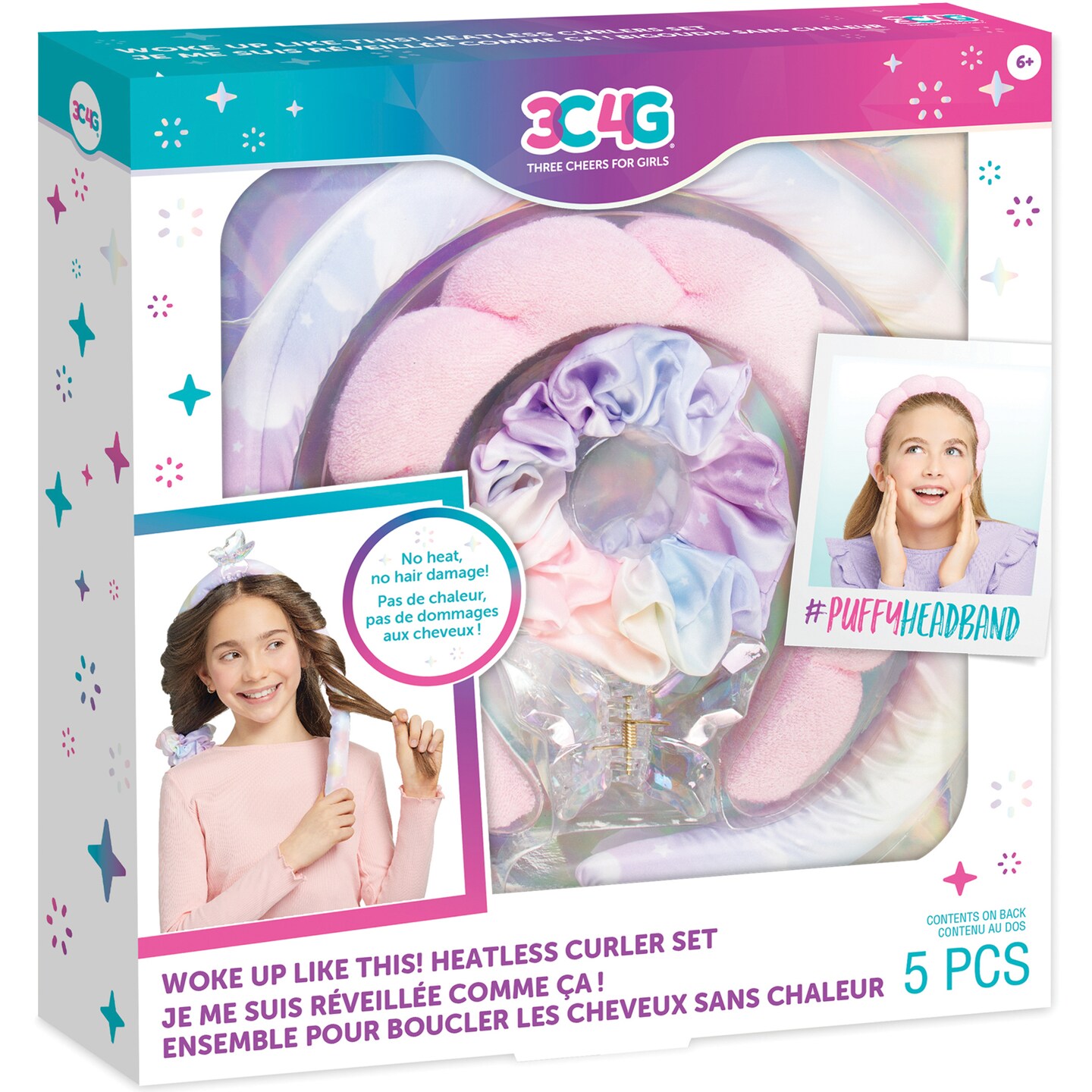 3C4G: Woke Up Like This! Heatless Curler Accessory Set - 5pc - No Heat-No Hair Damage, Puffy Headband, Three Cheers For Girls, Kids Ages 6+
