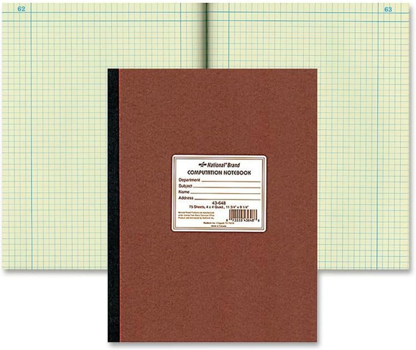 Brand Computation Notebook, 4 X 4 Quad, Brown, Green Paper, 11.75 X 9.25 Inches, 75 Sheets (43648)