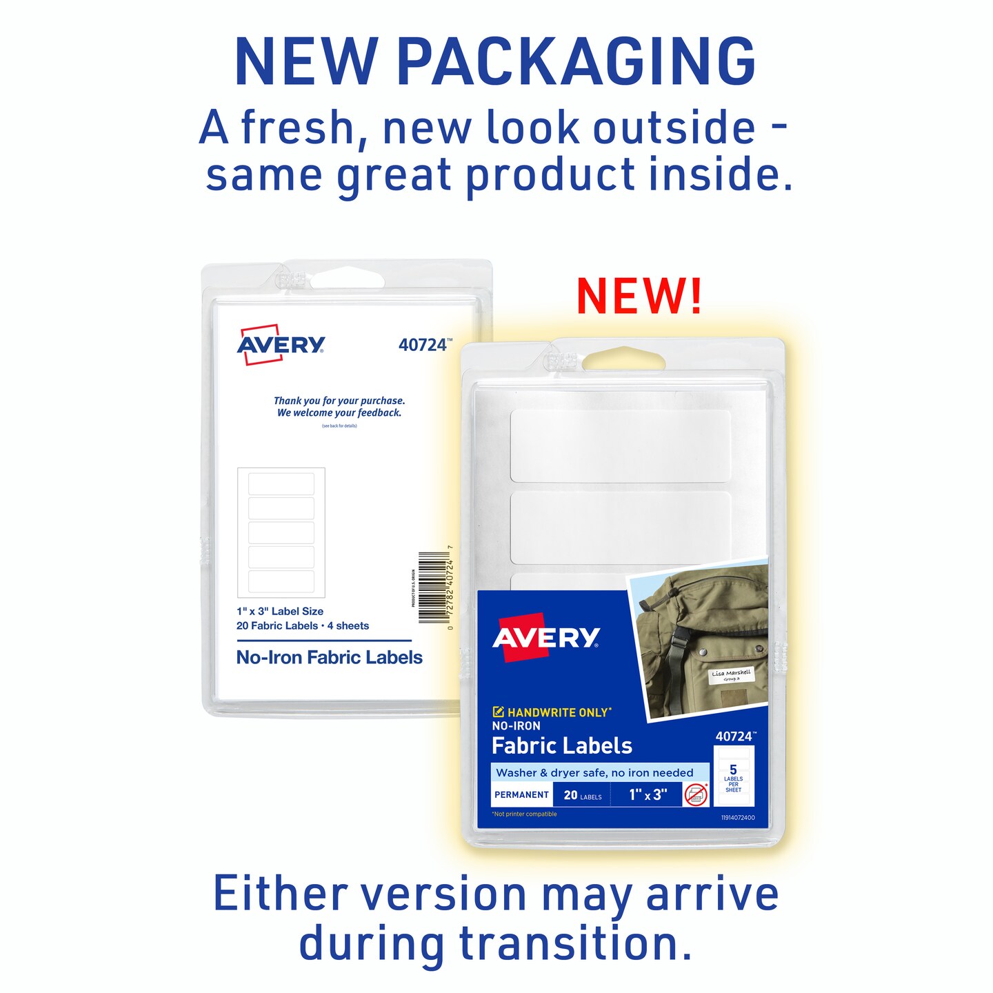 Avery No-Iron Fabric Labels, 1&#x22; x 3&#x22;, Washer and Dryer-Safe Waterproof Labels, Non-Printable, 20 Blank Labels Total (40724)