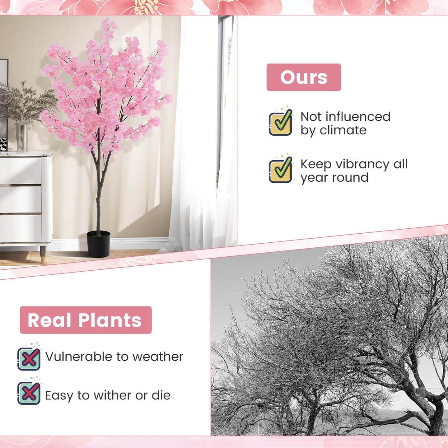 Costway 6.5 FT 1/2 PCS Tall Artificial Cherry Blossom Tree with 900 Pink Flowers Cement-filled