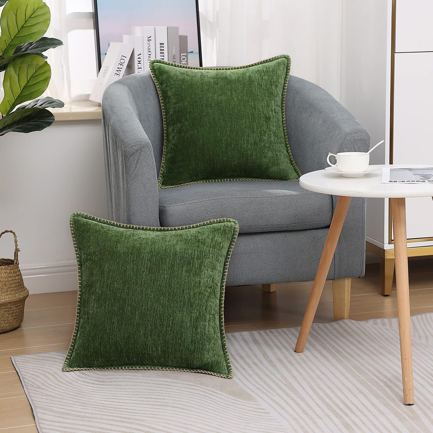 2 Pieces Chenille Soft Throw Pillow Covers 18x18 inc , Spring Farmhouse Velvet Pillow Covers, Decorative Square Pillow Covers with Stitched Edge for Couch Sofa Bed, Forest Elf