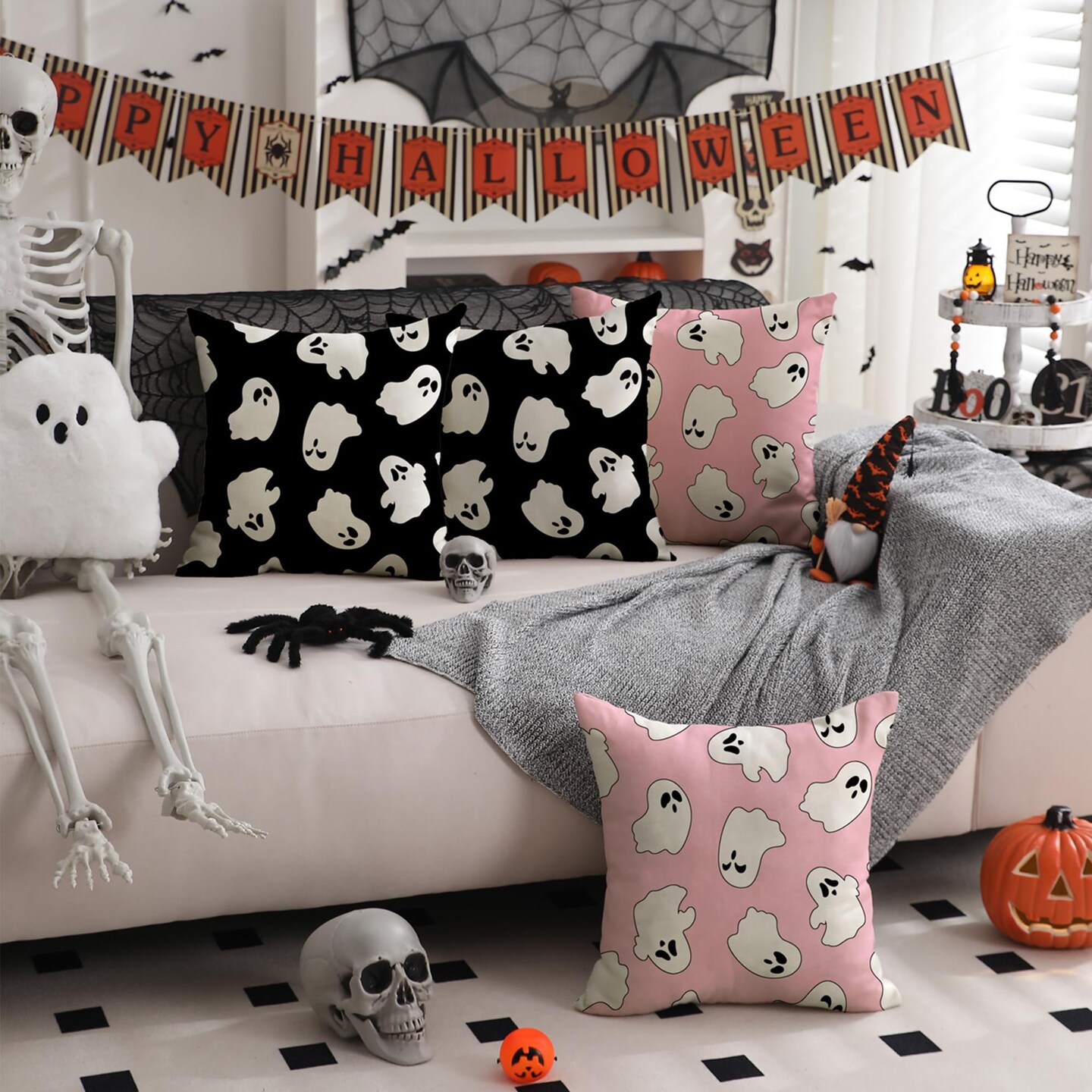 2 PiecesHalloween Pillow Covers 18x18 inch Happy Halloween White Ghost Decor Black Pillow Covers Happy Halloween Sofa Bed Outdoor Car Decoration TH-14A18