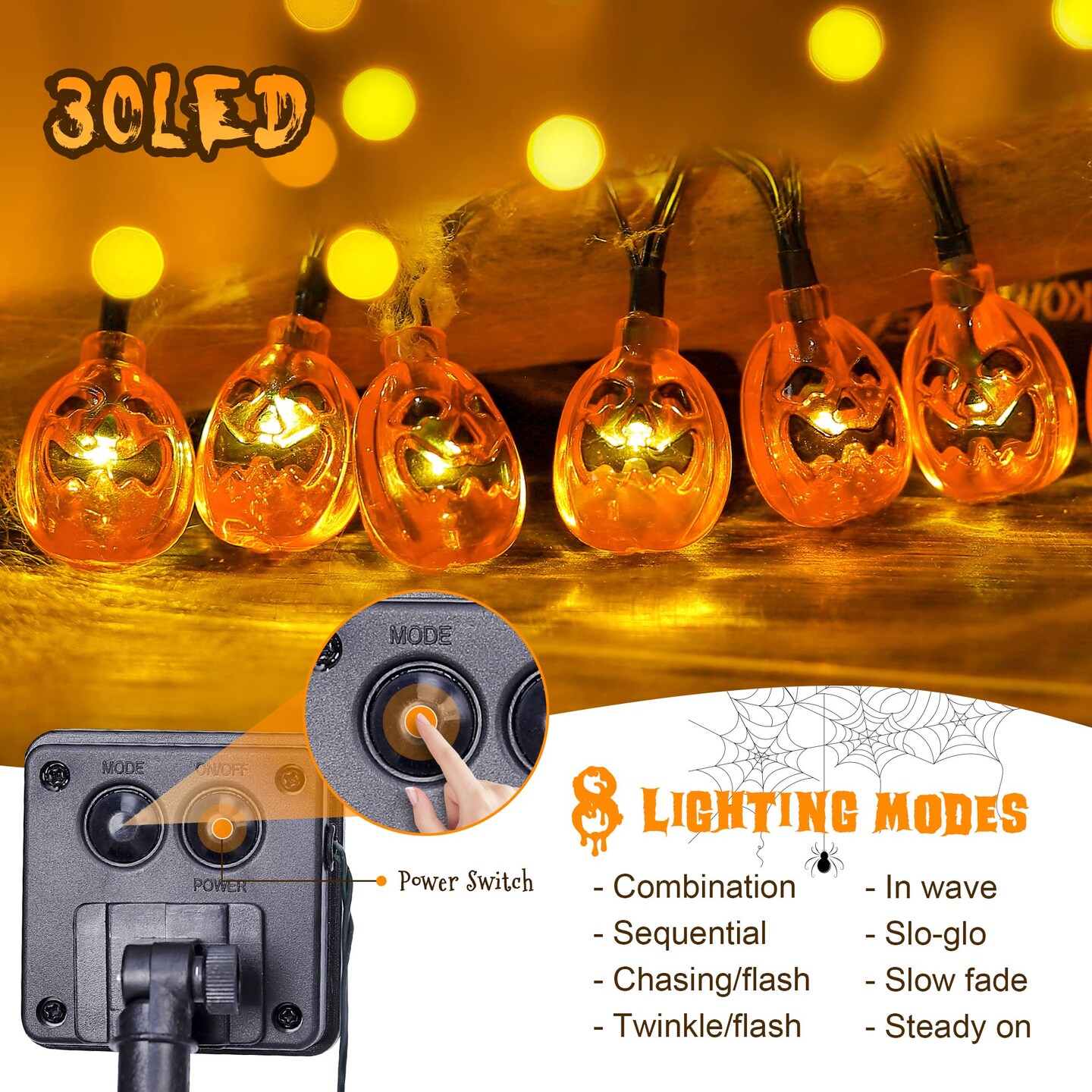 2 Pack Solar Powered Halloween Pumpkin String Lights, 20ft, 30 LEDs, 8 Lighting Models, Waterproof, Indoor/Outdoor Use