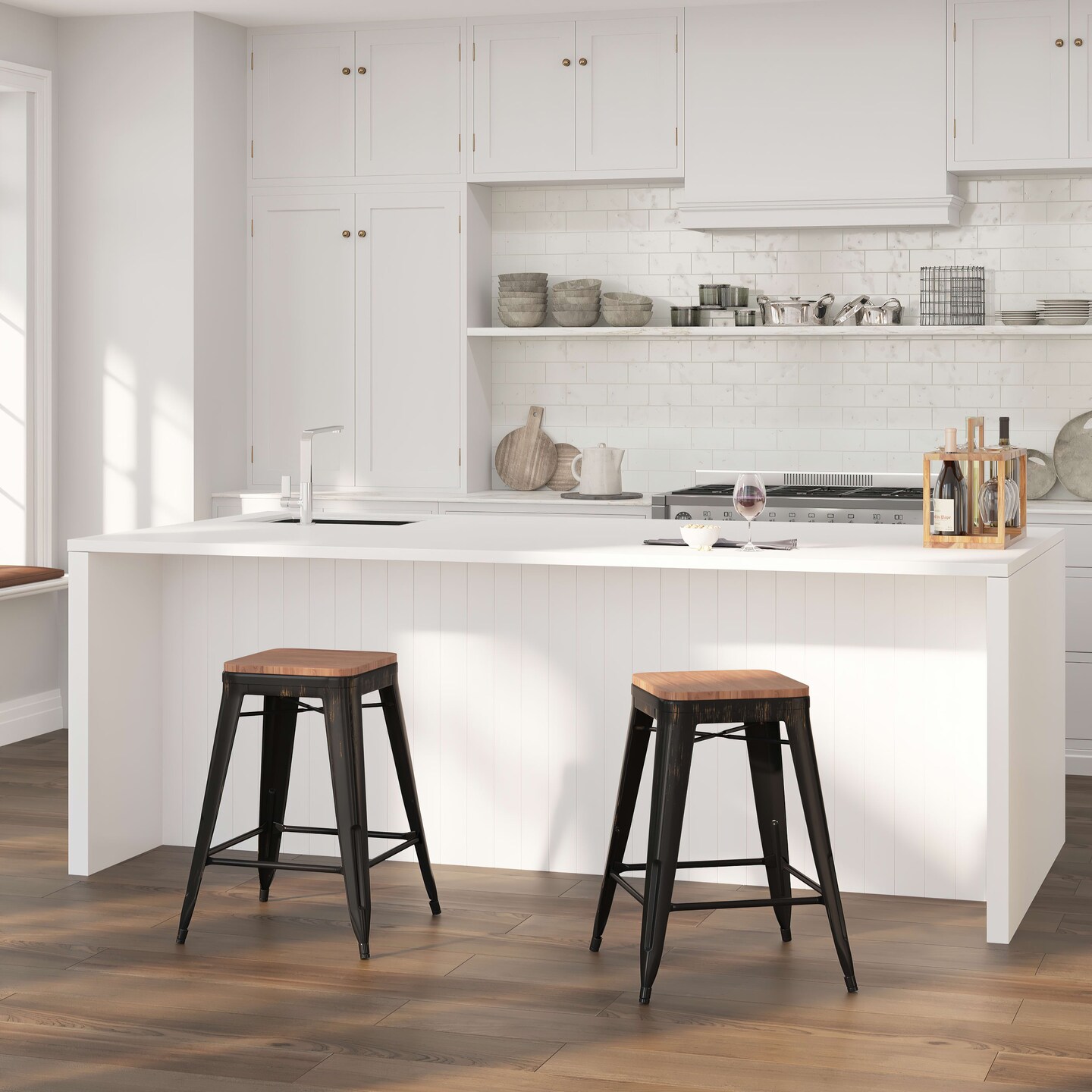 Merrick Lane Dalton Series Backless Metal Dining Stool with Wooden Seat for Indoor Use