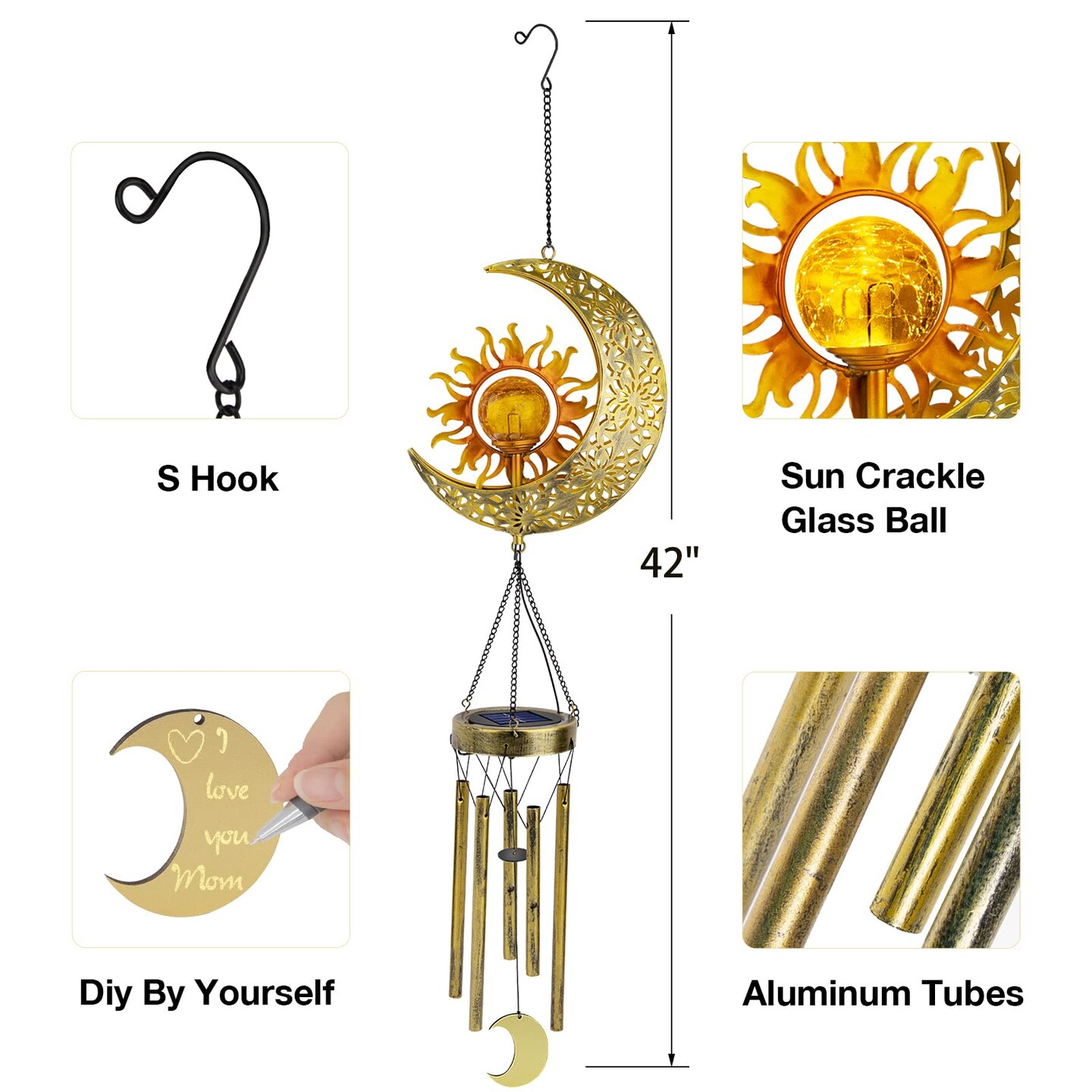 1 Pack Sun Moon Solar Wind Chimes for Outside Crackle Glass Ball Waterproof Wind Chimes Outdoor Clearance Deep Tone Garden Decor Birthday Unique Gifts for Women Mom Grandma Windchimes Gardening