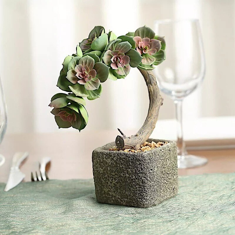 8-Inch tall Brown Concrete Planter Pot Green Artificial Mini Succulents Tree
