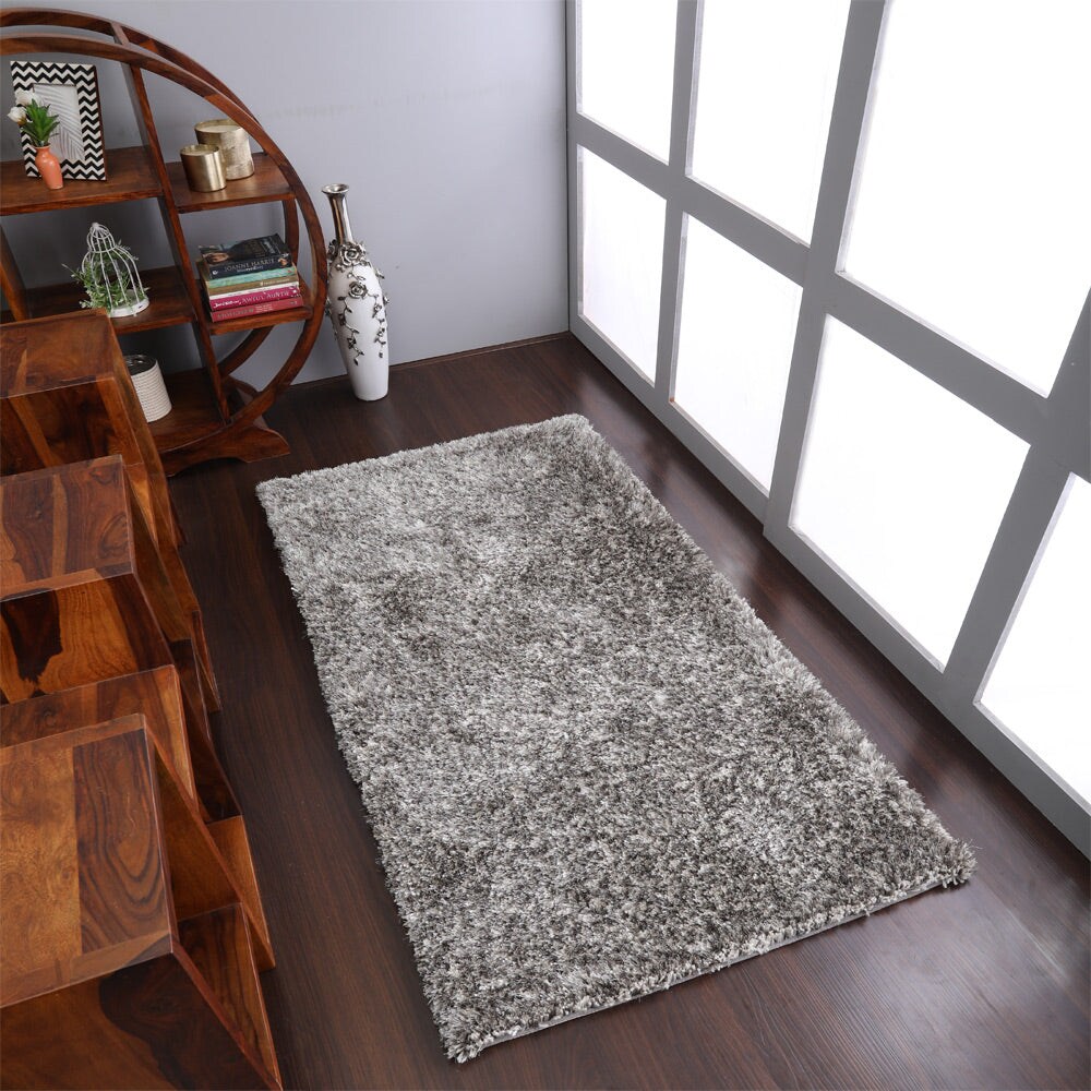 Rugsotic Hand Tufted Shag Area Rug Solid Gray White 5X7 Polyester K00111