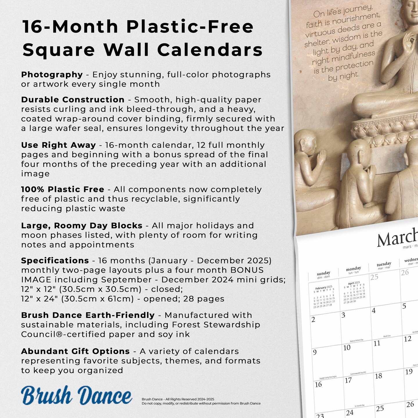 Timeless Buddha | 2025 12 x 24 Inch Monthly Square Wall Calendar | Plastic-Free | Brush Dance | Inspiration Thailand Peace