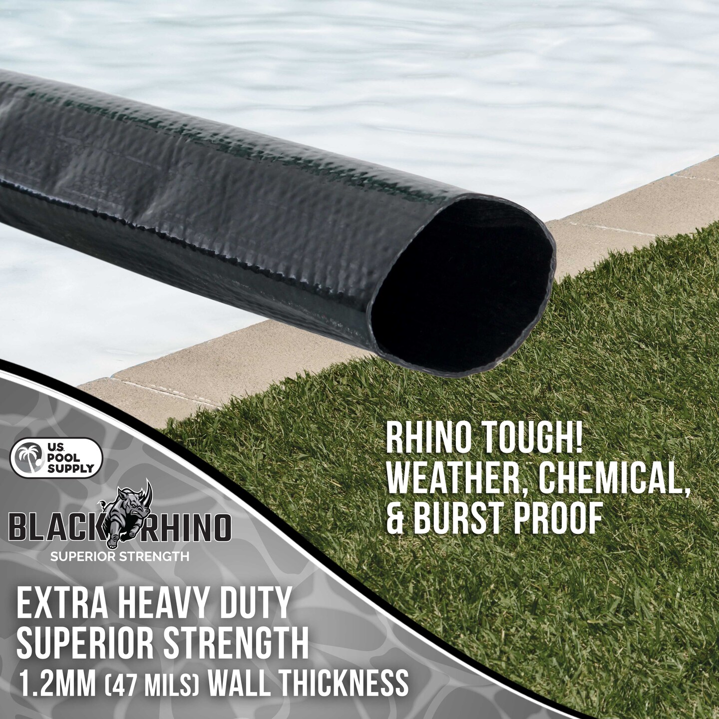 U.S. Pool Supply&#xAE; Black Rhino 2&#x22; x 100&#x27; Pool Backwash Hose with Hose Clamp - Extra Heavy Duty Superior Strength, Thick 1.2mm (47 mils) - Weather Burst Resistant