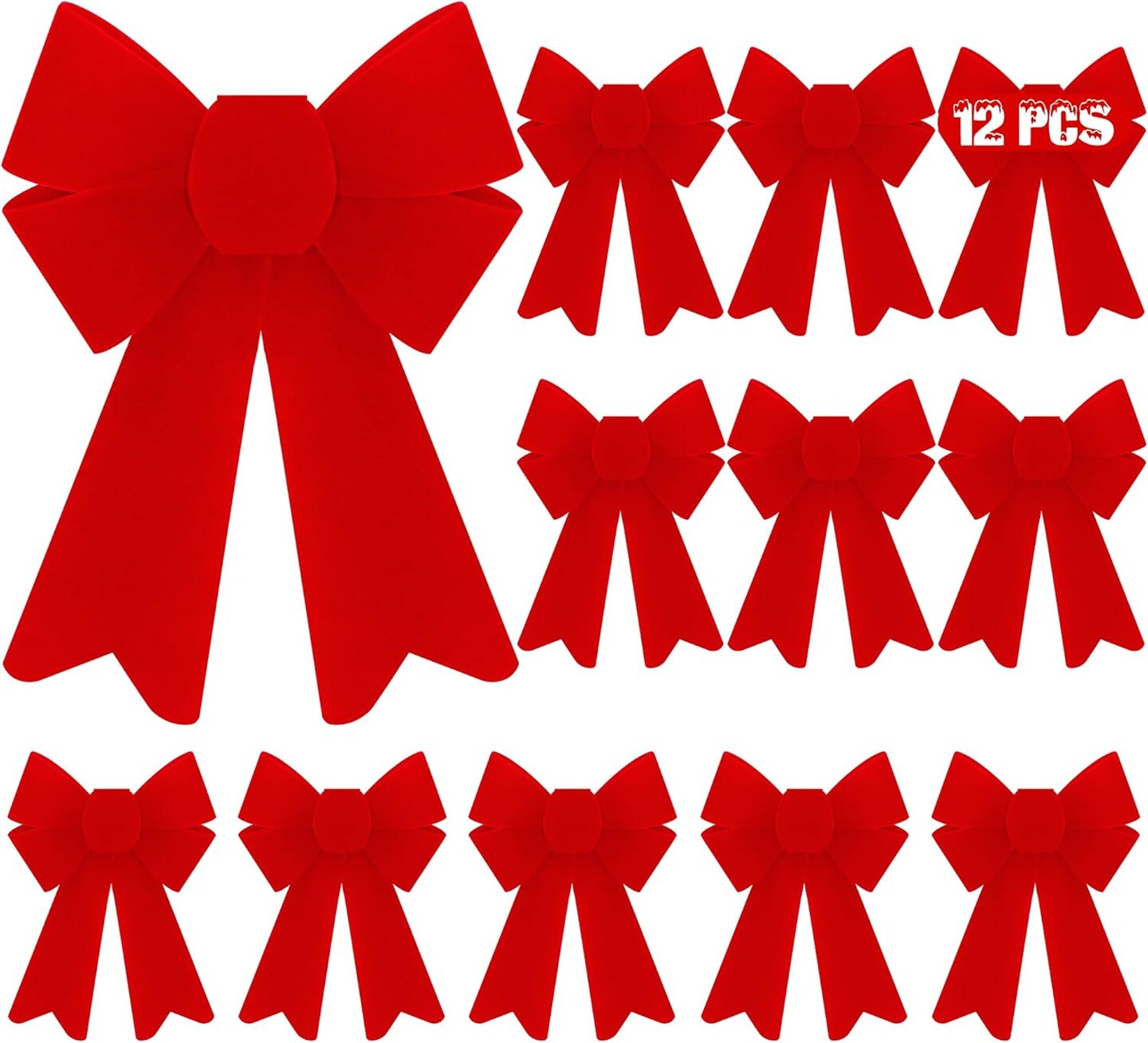 12 PCS Christmas Bows, PVC Christmas Tree Bows 5 x 8 Inches, Red Velvet Bows for Hanging Red Christmas Bows Outdoor Indoor Large Christmas Bows Xmas Decor Party Supplies Wreath Railing Fences